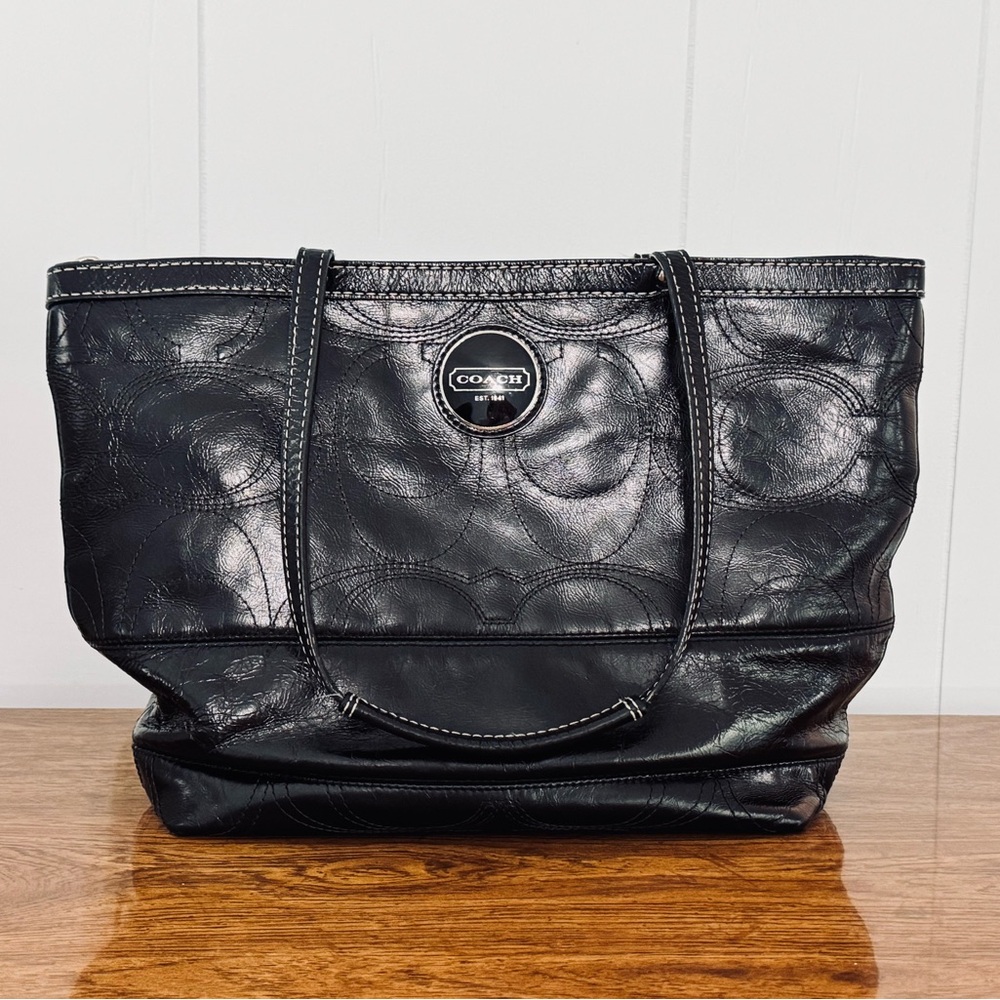 Coach Black Leather Signature Circle Tote Vintage 2000s